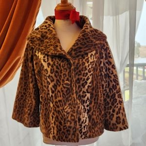 INC Faux Fur Leopard 3-Button Short Swing Style Jacket Sz. L